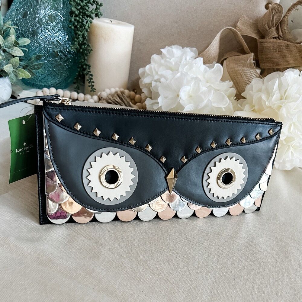 RARE Kate Spade 2014 “Wise Owl” Black with Metallic Leather Clutch NWT